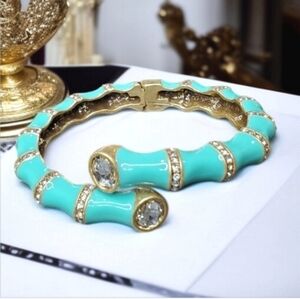 Antique Gold Chunky Designer Turquoise Enamel Crystal Bamboo Bangle Bracelet